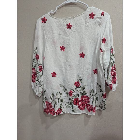 Gorgeous gauzy white peasant style blouse w/red floral embroidery by Kindred PS - Picture 5 of 7